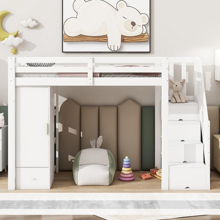 Pugsdrly Eenpersoonsbed Mezzaninebed Kinderbed 90x200 cm met veiligheidshek intrekbare ladder lades kast meerdere planken wit - Foto 2