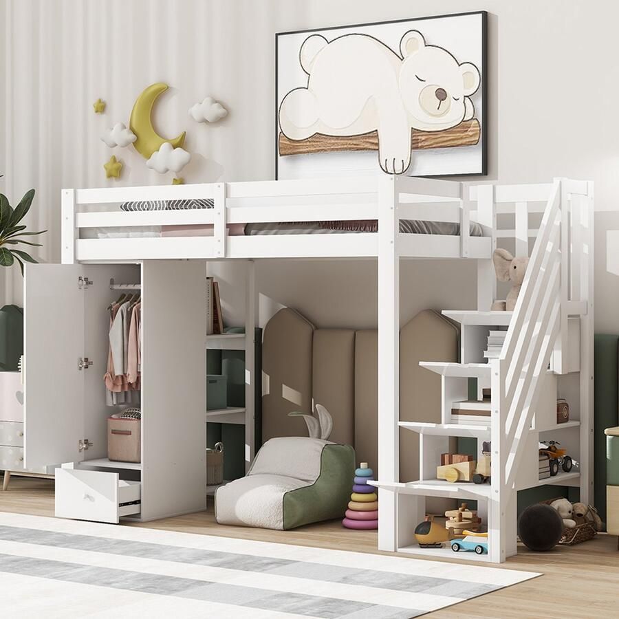 Pugsdrly Eenpersoonsbed Mezzaninebed Kinderbed 90x200 cm met veiligheidshek intrekbare ladder lades kast meerdere planken wit