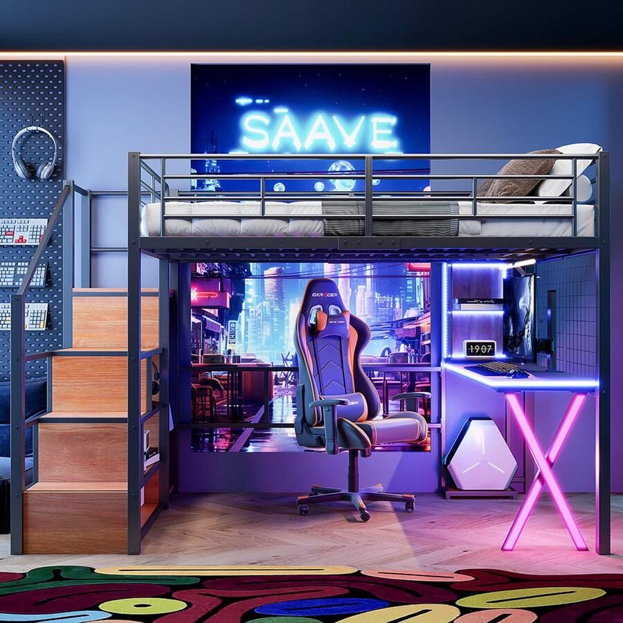 Pugsdrly Eenpersoonsbed Mezzaninebed Kinderbed Bed 140x200 afstandsbedienbare sfeerverlichting opberg ladder bureau kast planken zwart