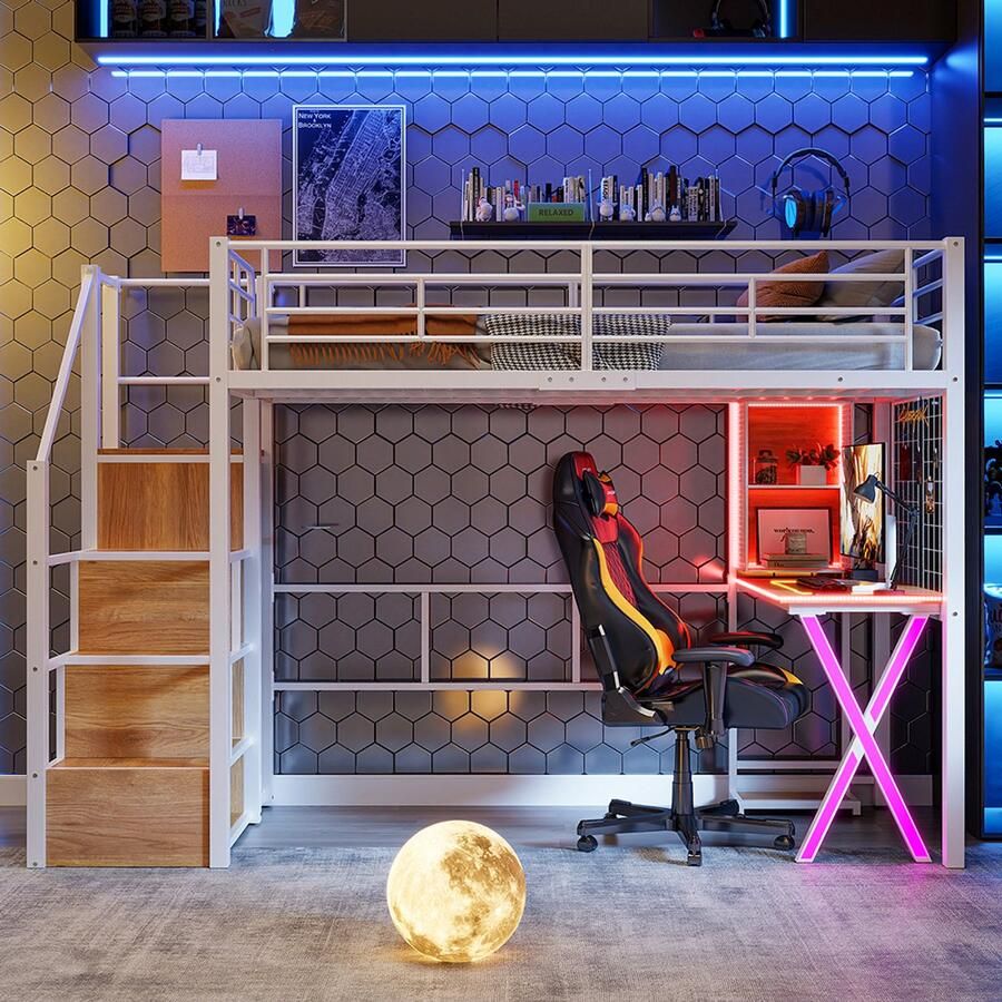 Pugsdrly Eenpersoonsbed Mezzaninebed Kinderbed Bed 90x200 afstandsbedienbare sfeerverlichting opberg ladder bureau kast planken wit