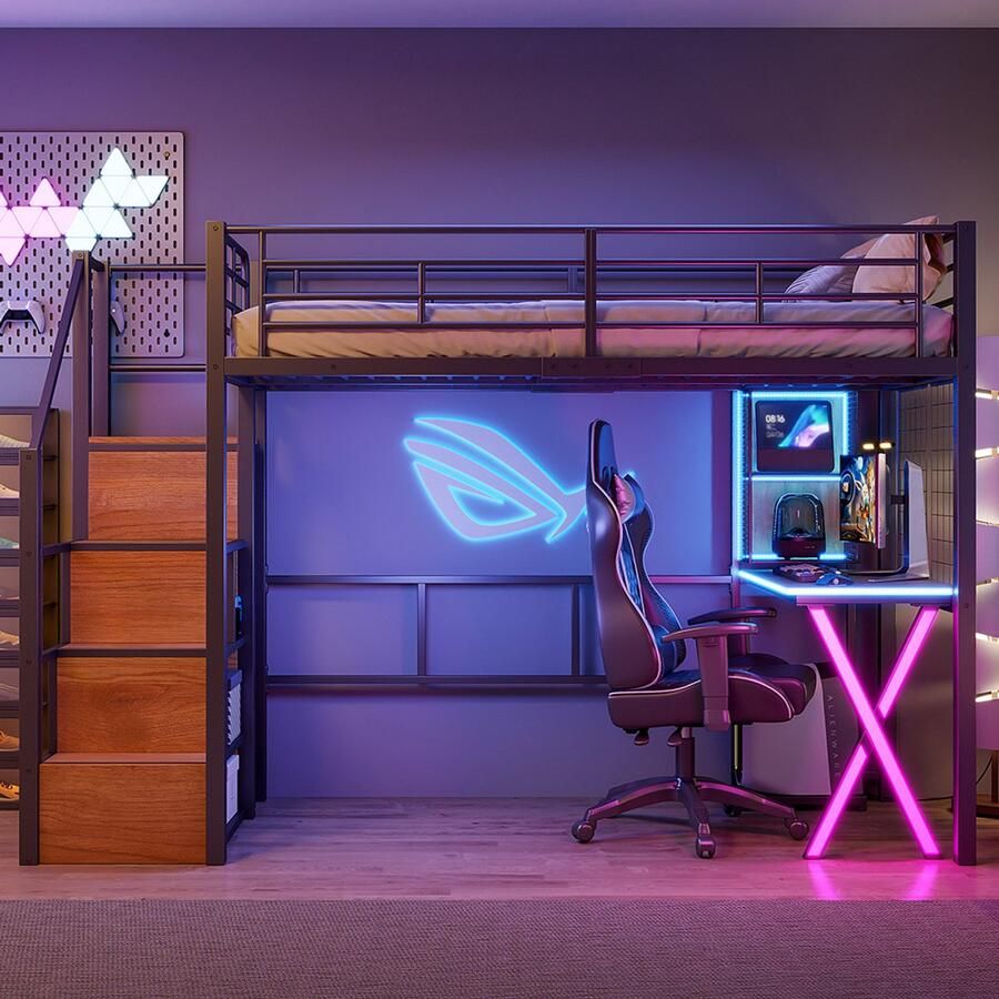 Pugsdrly Eenpersoonsbed Mezzaninebed Kinderbed Bed 90x200 afstandsbedienbare sfeerverlichting opberg ladder bureau kast planken zwart