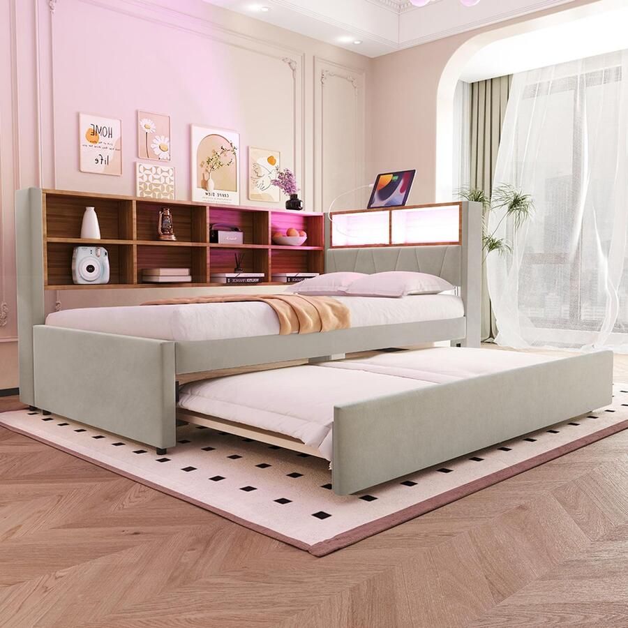 KOMHTOM Eenpersoonsbed slaapbank voor volwassenen 90x200 onderschuifbed 90x190 met USB-aansluiting en talrijke opbergvakken lichtgrijs