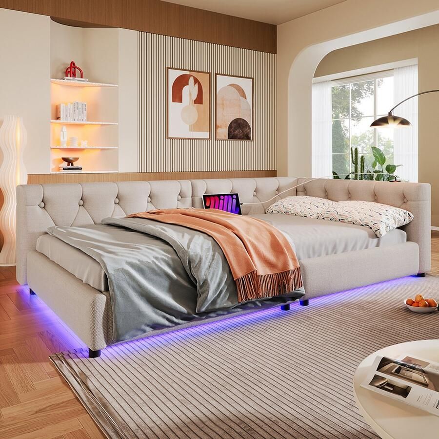 Pugsdrly Eenpersoonsbed Volwassen bed Enkel bed 90x200 cm Sofa bed met lattenbodem sfeerverlichting met USB+Type-C linnen beige