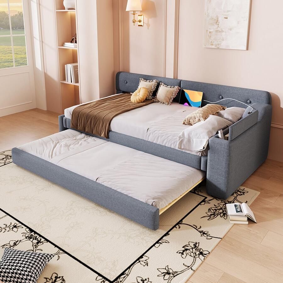 Pugsdrly Eenpersoonsbed Volwassen bed Enkel bed 90x200cm sofa bed met lattenbodem nestbed met opbergruimte neerklapbaar usb+type-c linnen grijs