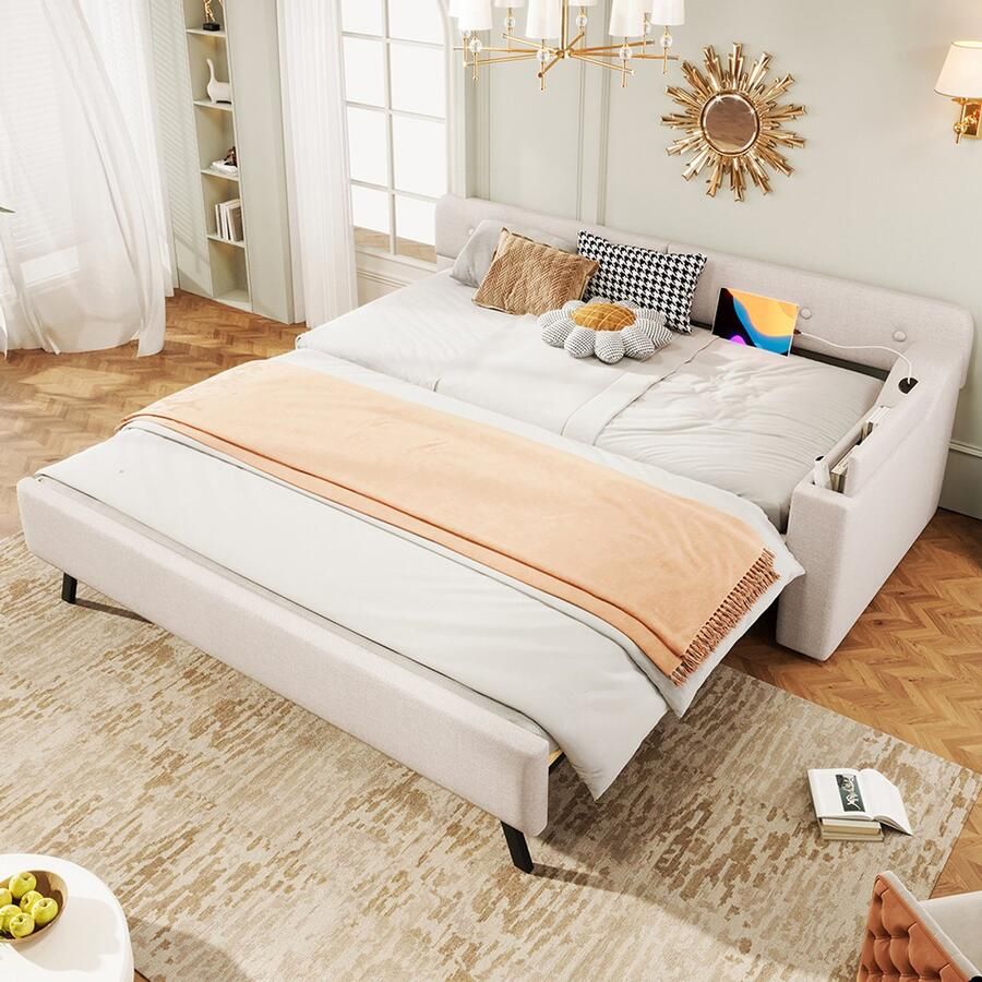 Pugsdrly Eenpersoonsbed Volwassen bed Enkel bed 90x200cm sofa bed met lattenbodem nestbed met opbergruimte neerklapbaar usb+type-c linnen beige