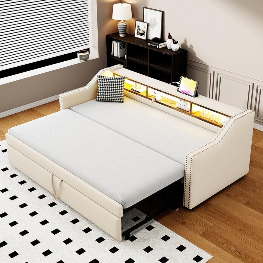 Pugsdrly Eenpersoonsbed Volwassen bed Enkel bed Sofa bed 90 180 x 190 cm LED licht en USB stopcontact Beige
