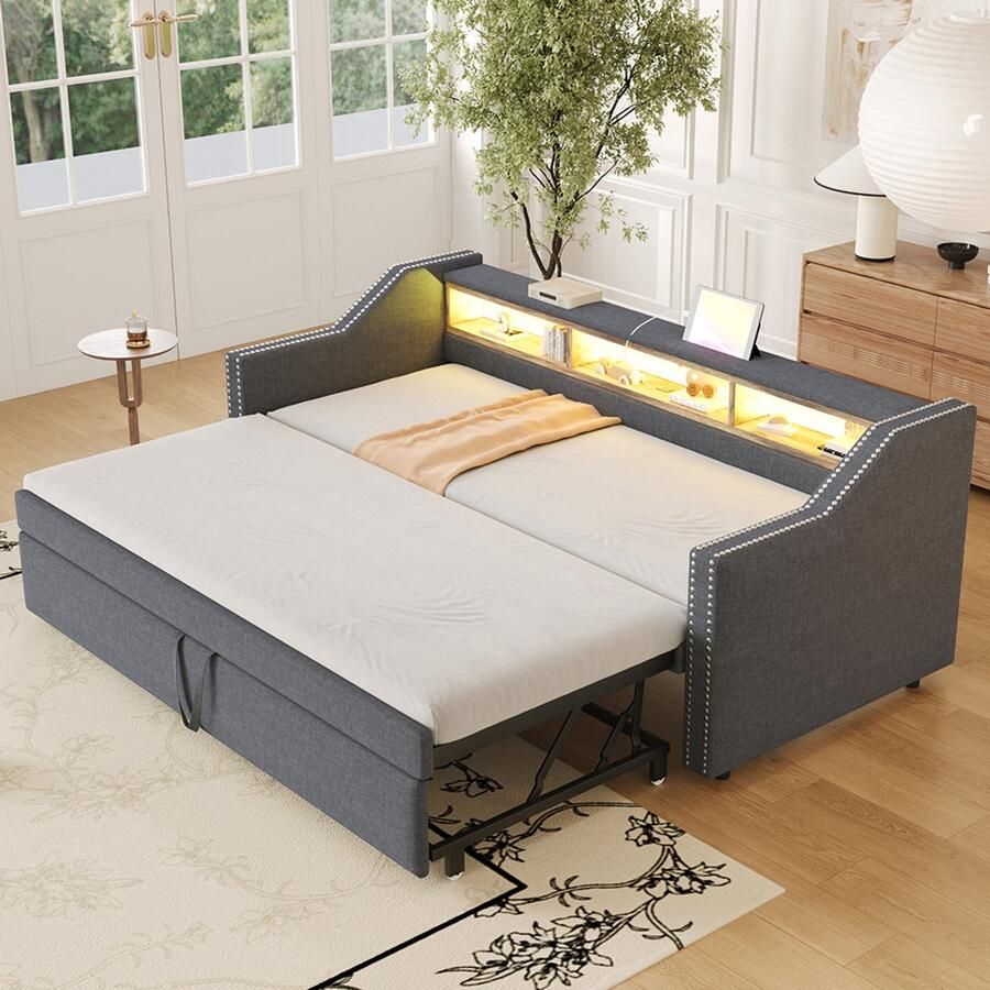 Pugsdrly Eenpersoonsbed Volwassen bed Enkel bed Sofa bed 90 180 x 190 cm LED licht en USB stopcontact Donkergrijs