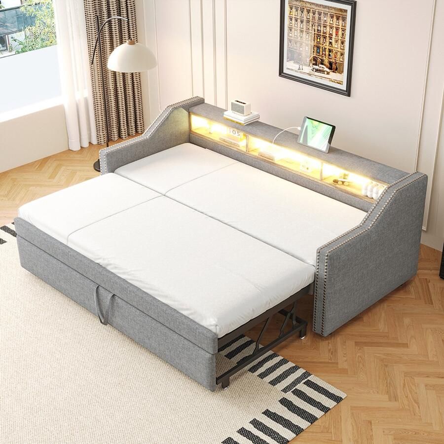 Pugsdrly Eenpersoonsbed Volwassen bed Enkel bed Sofa bed 90 180 x 190 cm LED licht en USB stopcontact Lichtgrijs