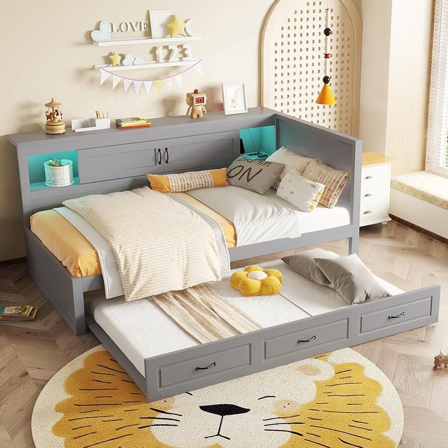 Pugsdrly Eenpersoonsbed Volwassen bed Enkel bed Sofa bed 90x200 cm afstandsbedienbare sfeerverlichting opbergruimte aan de zijkant uitschuifbaar bed grijs