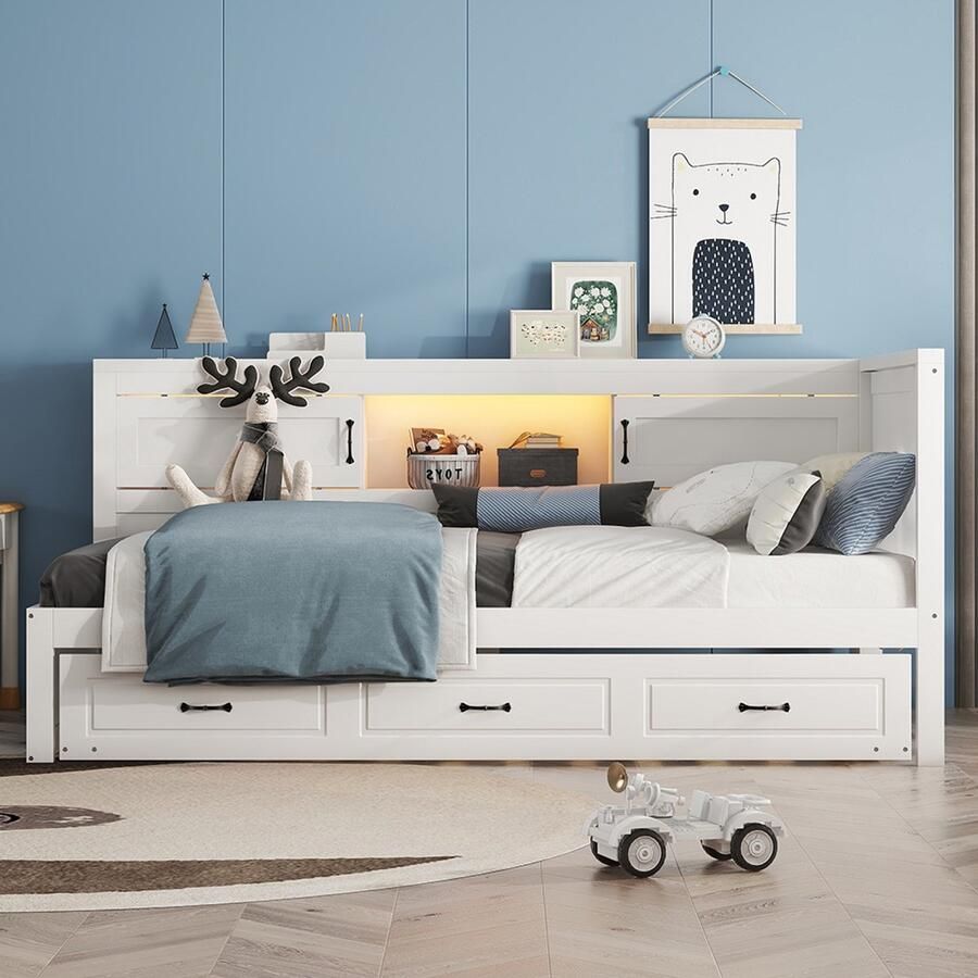 Pugsdrly Eenpersoonsbed Volwassen bed Enkel bed Sofa bed 90x200 cm afstandsbedienbare sfeerverlichting opbergruimte aan de zijkant uitschuifbaar bed wit