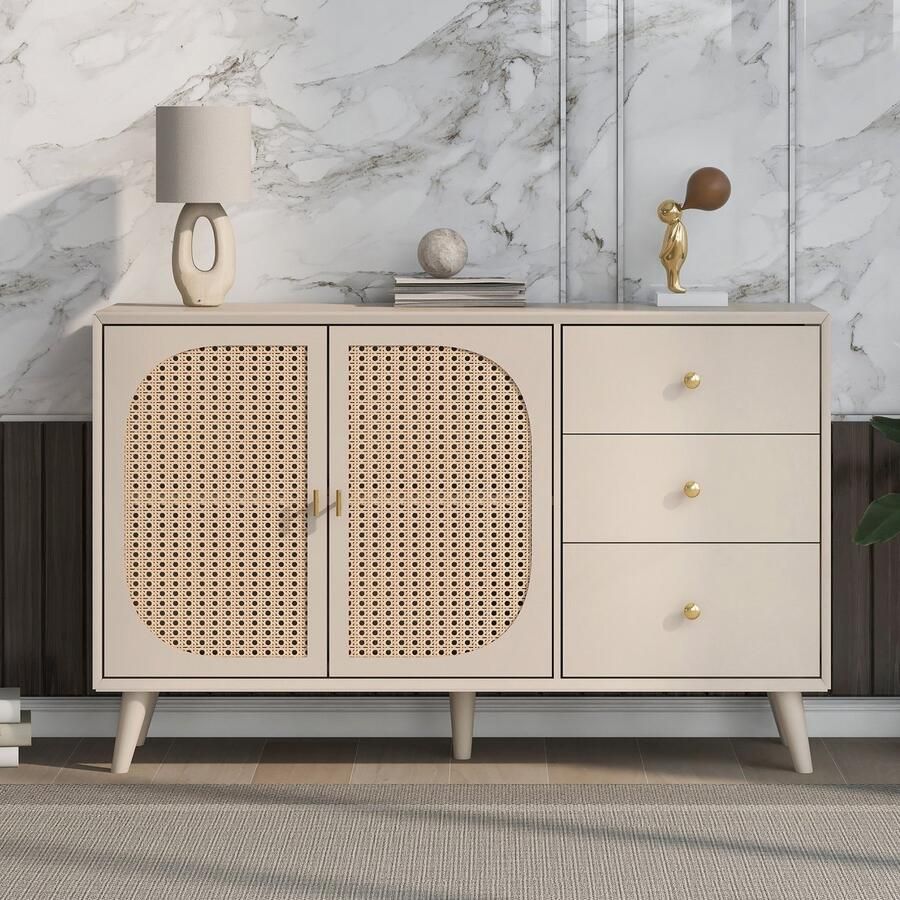 Pugsdrly Eetkamer Woonkamer Dressoir Commode Staande kast Opbergruimte Dressoir TV-tafel met deuren en lades Dressoir met grote opbergruimte Offwhite Crème Breedte 120 cm