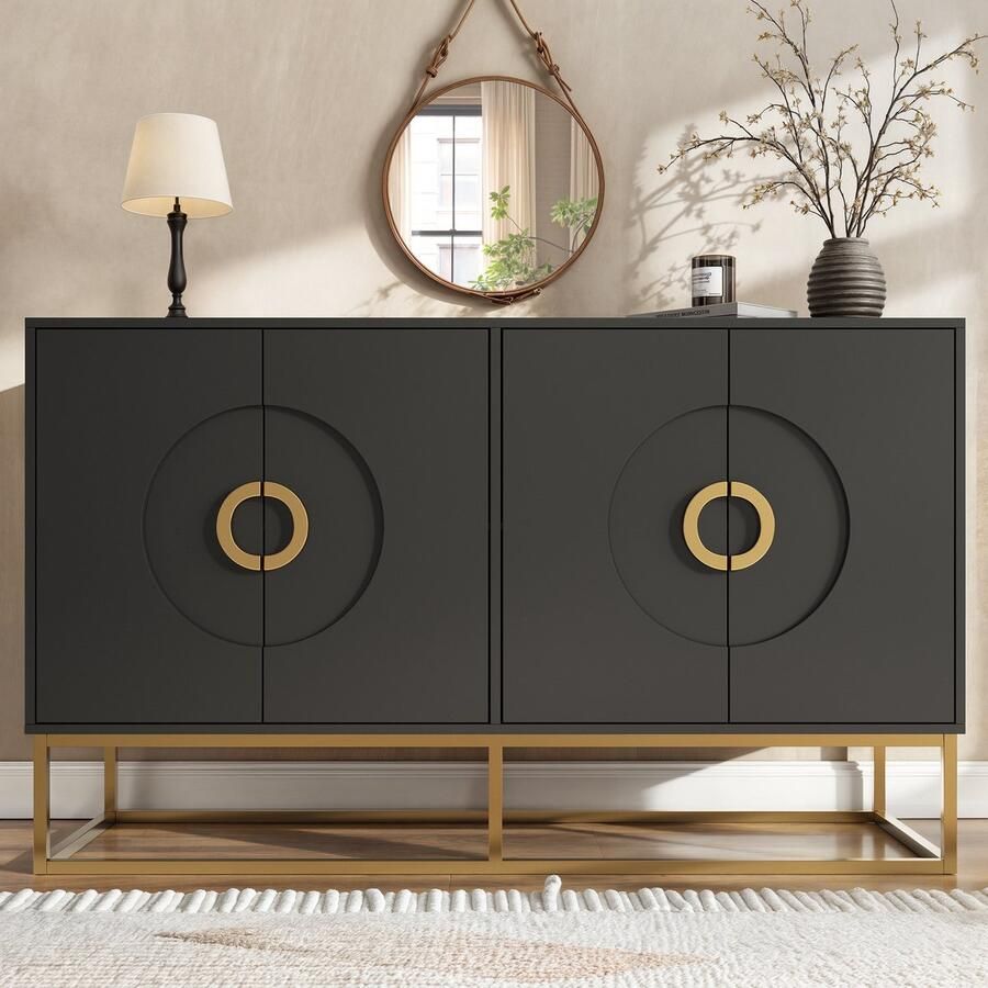 Pugsdrly Eetkamerkast (140 × 40 × 83 cm) opbergkast voor eetkamer en woonkamer uniek ontwerp kastdeurontwerp vrijstaande kast minimalistisch dressoir ringgreep zwart