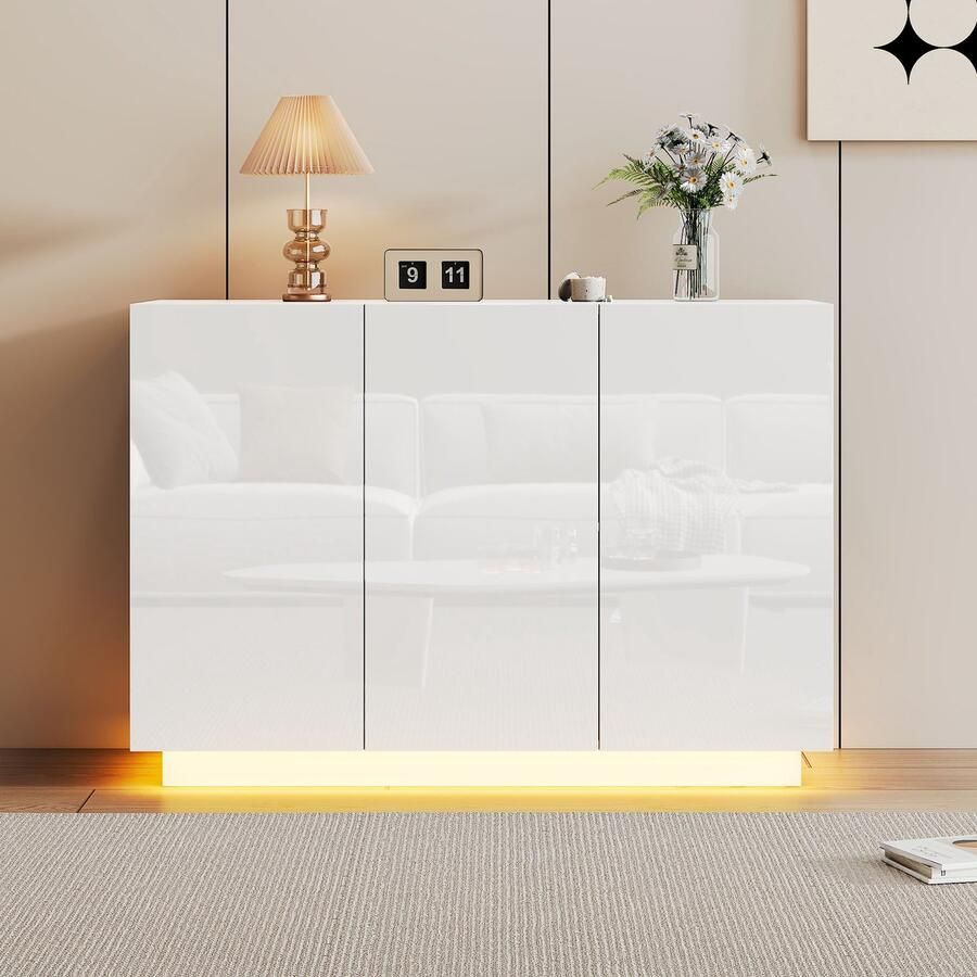 Pugsdrly Eetkamerkast hoogglans open en gesloten witte dressoir sokkel LED-verlichting commode halmeubel 120*40*75CM