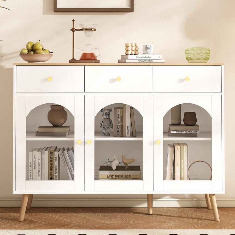 Pugsdrly Eetkamermeubel met opbergkast 94 cm hoog barmeubel met 3 lades en 3 gebogen deuren van gehard glas geschikt voor buffettafels in keukens en restaurants wit en naturel