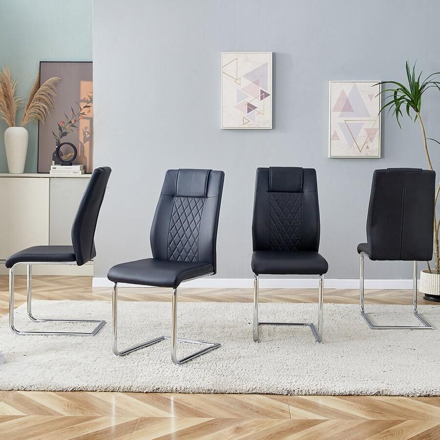 Pugsdrly Eetkamerstoel in zwart PU in Scandinavische stijl (vier stoelen in een doos) met gaasmotief glanzende zilveren metalen poten en antislipvoetjes veelzijdig en eenvoudig