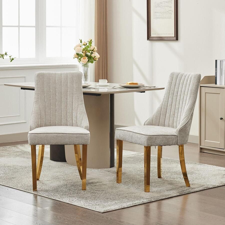Pugsdrly Eetkamerstoelen van rayon met chenille-flock Channel-keukenstoel Comfortabele bijzetstoel van gestoffeerde stof voor de eetkamer met poten van verguld roestvrij staal set van 2 (beige) DE1647BG