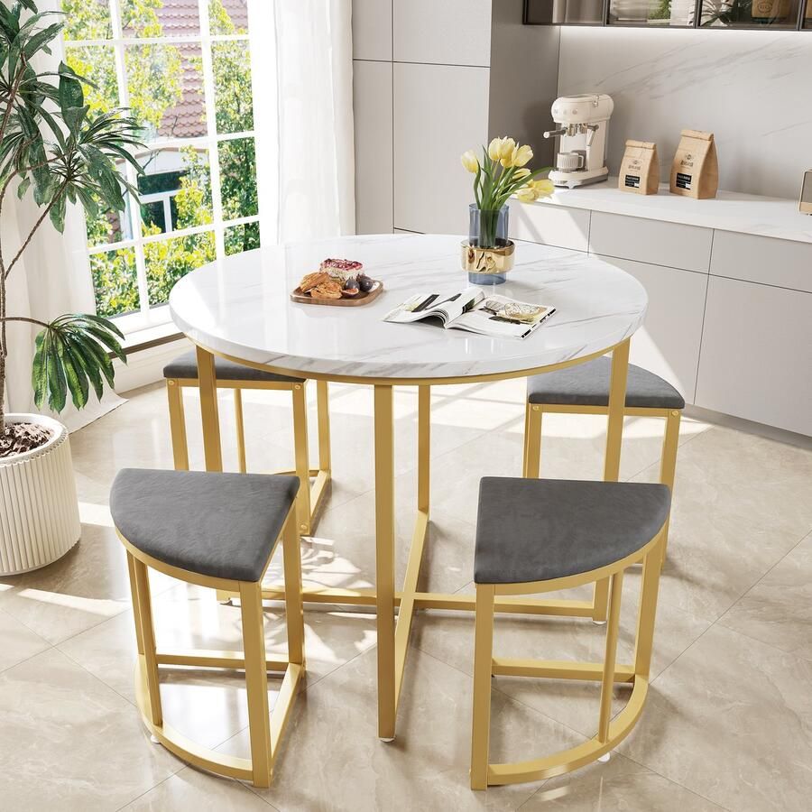 Pugsdrly Eettafel set met vier stoelen eethoek met MDF-tafelblad en verguld ijzeren frame fluwelen stoel moderne luxe tafels en stoelen grijs