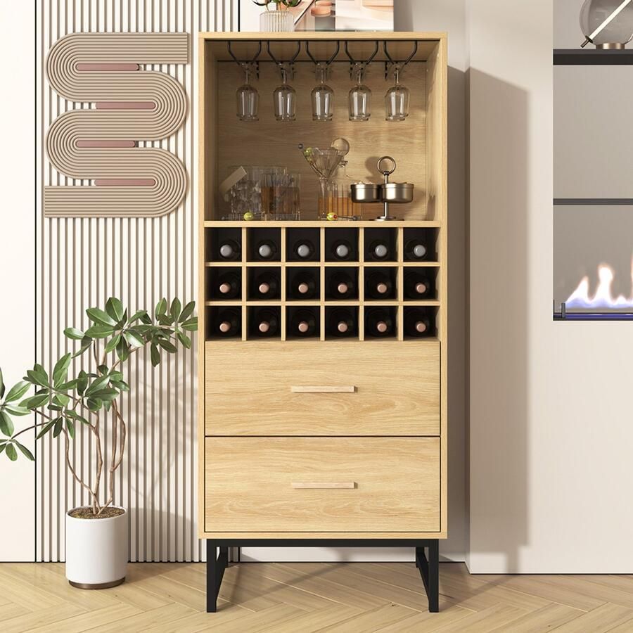 Pugsdrly Elegant dressoir met wijnkast met twee lades 18 vakken en glazenhouders matzwarte metalen poten perfect voor wijnliefhebbers