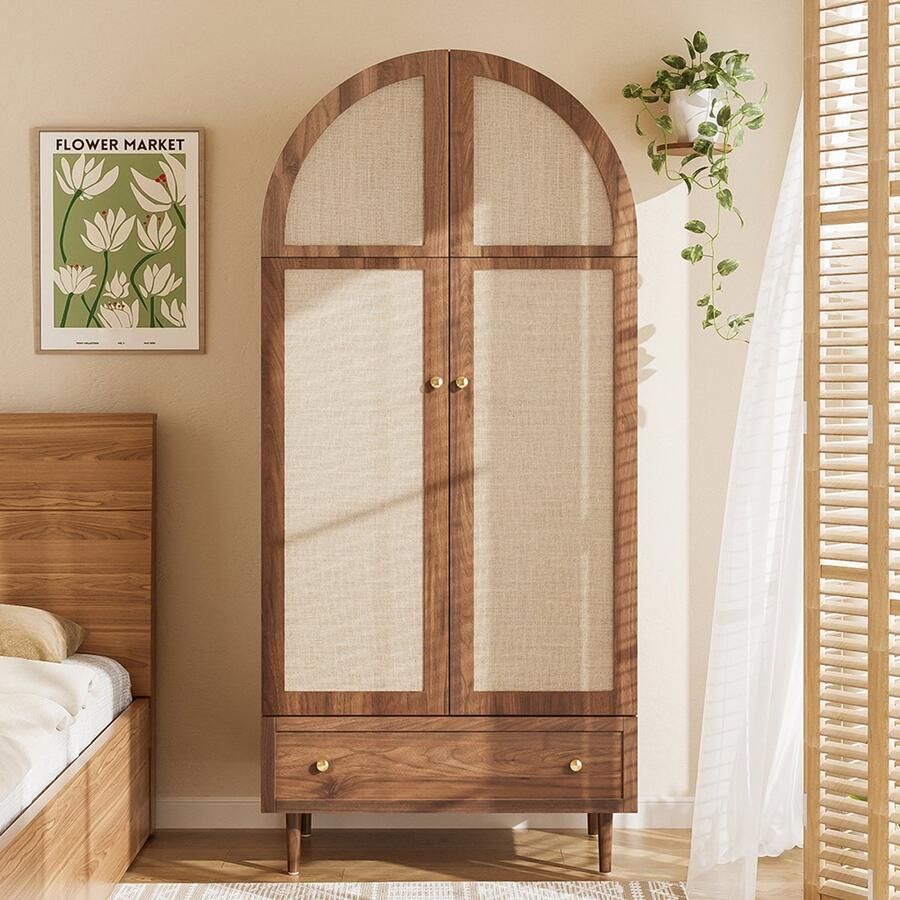 Pugsdrly Elegante kast met stoffen deuren en lade kledingkast – notenhoutlook stabiele houten poten praktische opbergruimte voor kleding en accessoires – ideaal voor de slaapkamer logeerkamer of dressing