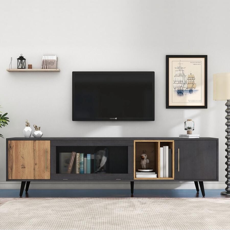Pugsdrly Elegante tv-kast 200x40x55 5 cm donker hout grijs en houtnerf geschikt voor een 90-inch tv