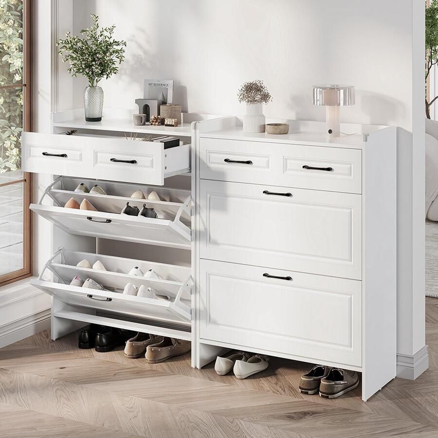 Pugsdrly Enige maat 80*34*107 5 cm Schoenenkast Schoenenrek met 8 vakken en 2 lades Startpagina Meubels Kasten Schoenenkasten Hoge schoenenkasten MDF wit set van 2 stuks