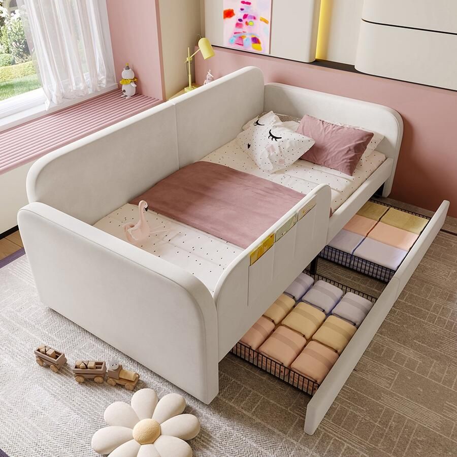 Pugsdrly Extra bed voor kinderen gestoffeerd bed dagbed slaapbank met metalen lattenbodem 3 kleine opbergzakken 2 lades op wieltjes fluweel + MDF + multiplex wit 90 x 200 cm - Foto 2