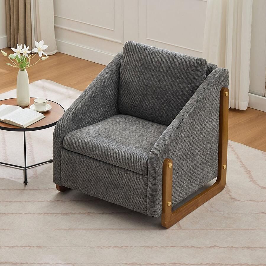 Pugsdrly Fauteuil bijzetstoel voor de woonkamer loungestoel moderne stoel met houten armleuningen met rugkussen grijze chenille stof 73 5*73 5 cm set van 1