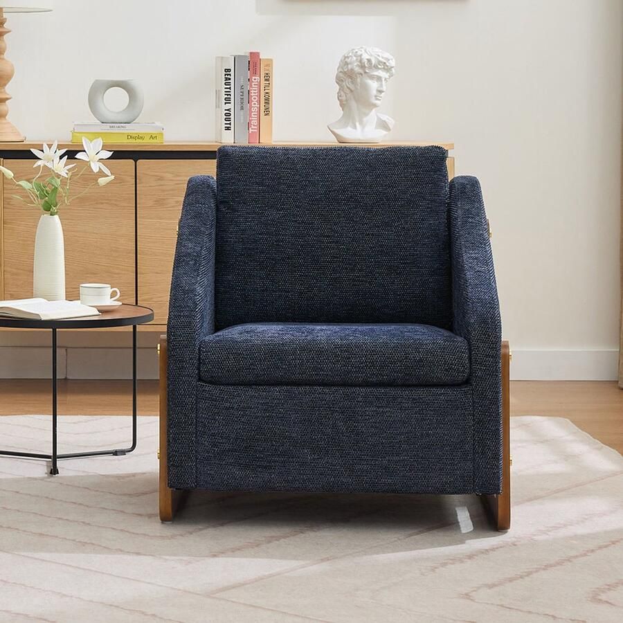 Pugsdrly Fauteuil bijzetstoel voor de woonkamer loungestoel moderne stoel met houten armleuningen met rugkussen blauwe chenillestof 73 5*73 5 cm set van 1