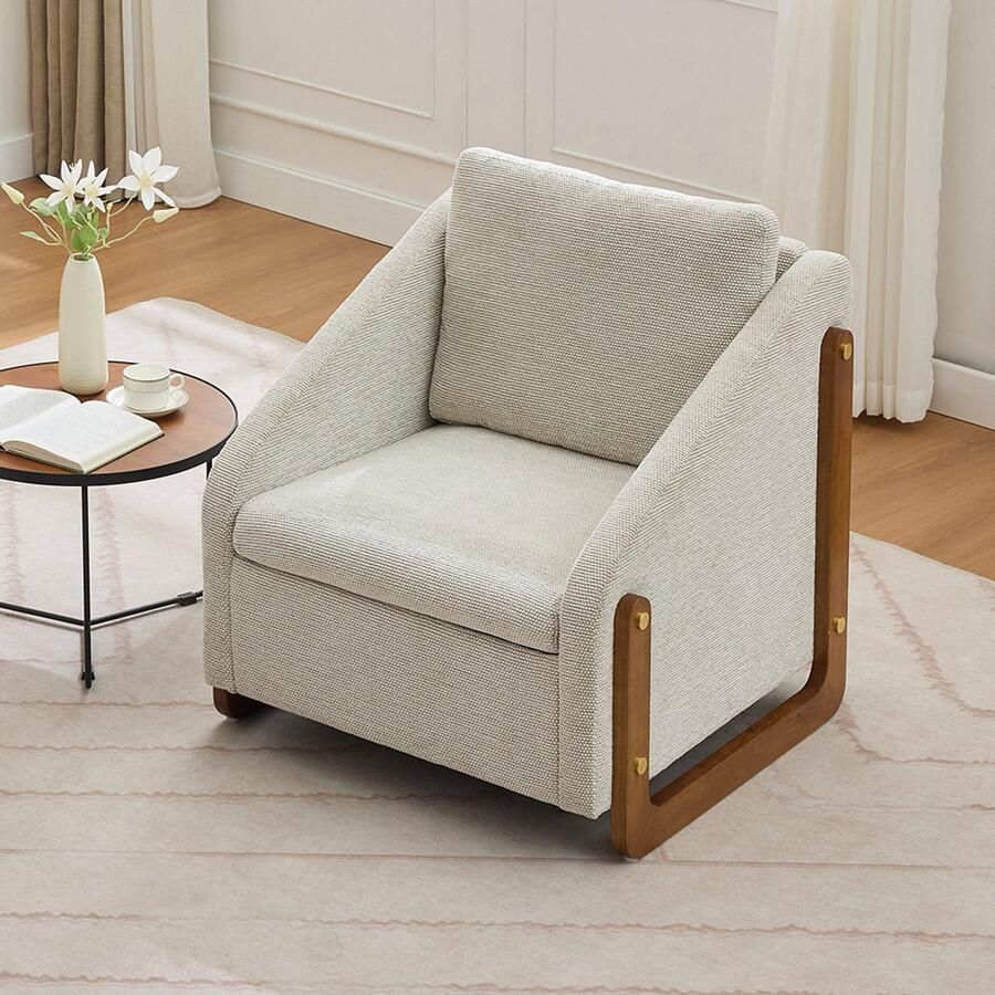 Pugsdrly Fauteuil bijzetstoel voor de woonkamer loungestoel moderne stoel met houten armleuningen met rugkussen beige chenille stof 73 5*73 5 cm set van 1