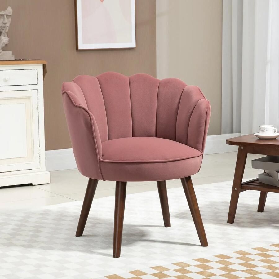 Pugsdrly Fauteuil woonkamer Loungefuteuil in schelpvorm Relaxfauteuil met houten poten gestoffeerde fauteuil Leesfauteuil met fluwelen look gestoffeerde stoel voor slaapkamer Roze
