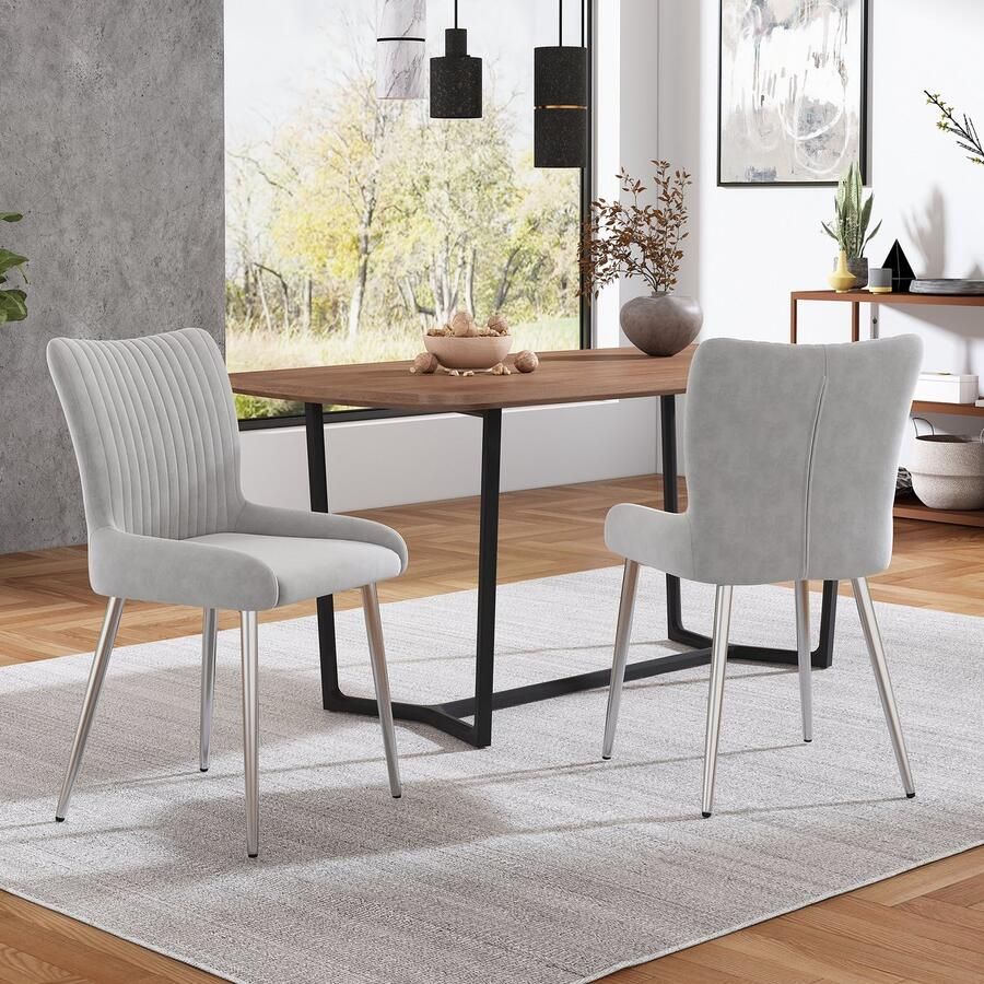 Pugsdrly Fluwelen eetkamerstoel set van 2 luxueus woonkamer slaapkamer loungestoel met vier zilveren metalen poten lendensteun grijs