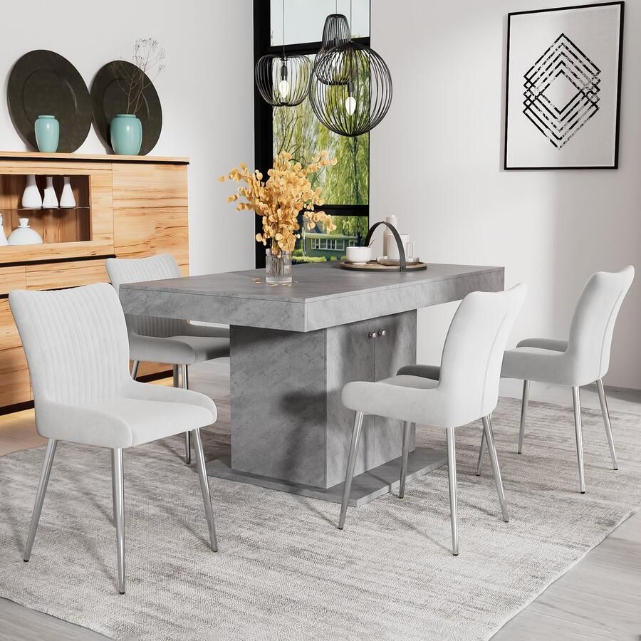 Pugsdrly Fluwelen eetkamerstoel set van 4 luxueus woonkamer slaapkamer loungestoel met vier zilveren metalen poten lendensteun grijs