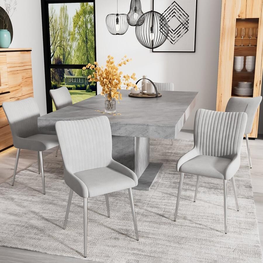 Pugsdrly Fluwelen eetkamerstoel set van 6 luxueus woonkamer slaapkamer loungestoel met vier zilveren metalen poten lendensteun grijs