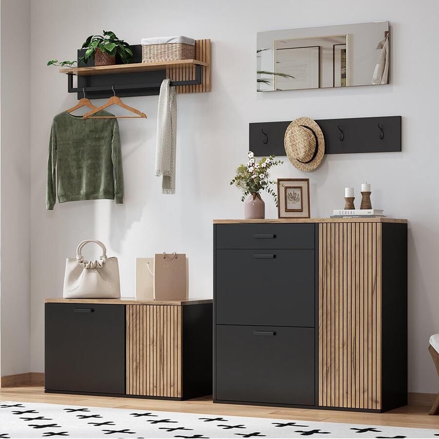 Pugsdrly Garderobeset kast ladekast spiegel 2 schoenenkasten zonder decoratie garderobepaneel met spiegel hoedenplank en 4 haken schoenenkast met bank hal met scheidingswand met opbergruimte