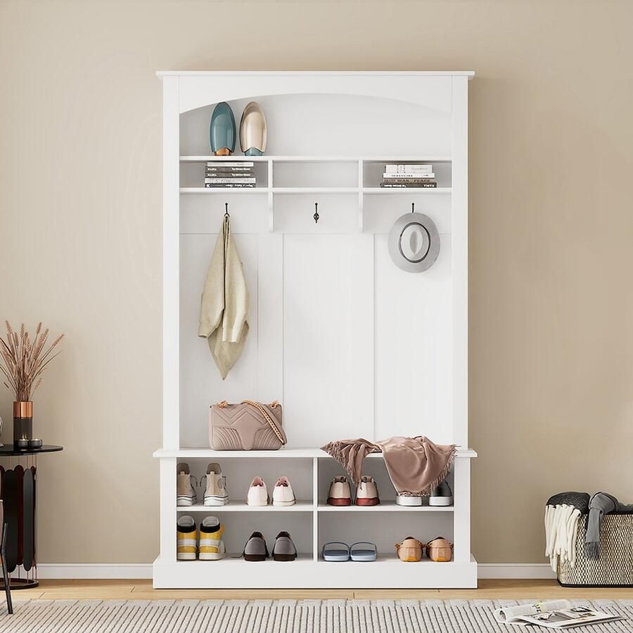 Pugsdrly Garderobeset met bank en opbergruimte voor schoenen multifunctionele opbergbank met 3 hangende haken en open opbergruimte rechthoekige opbergruimte en planken garderobe voor de gang wit H190 L120 P40 cm