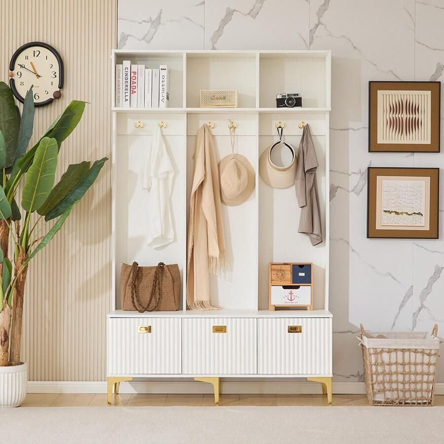 Pugsdrly Garderobeset met bank multifunctionele opbergbank open opbergruimte 6 haken en gouden poten geschikt voor de gang of woonkamer wit L120 P235 H1915CM