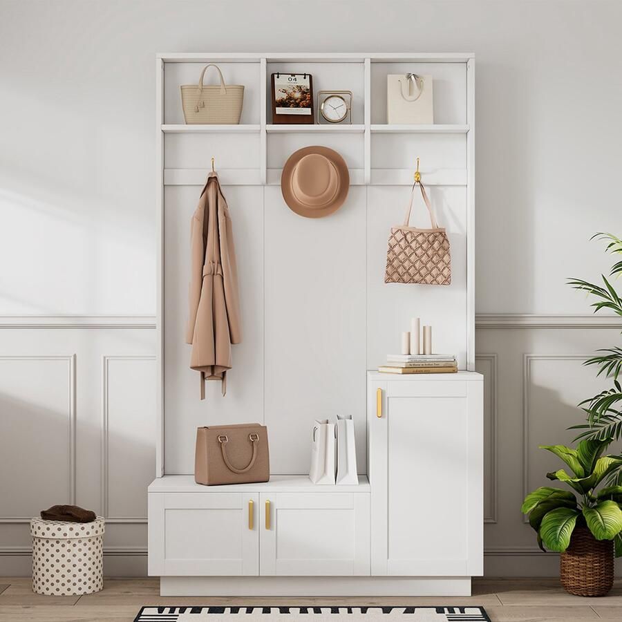 Pugsdrly Garderobeset met bankje en opbergruimte voor schoenen multifunctioneel opbergbankje met 3 hangende haken en open opbergruimte rechthoekige opbergruimte en planken garderobe voor de gang wit afmetingen: H200 L120 D40 cm