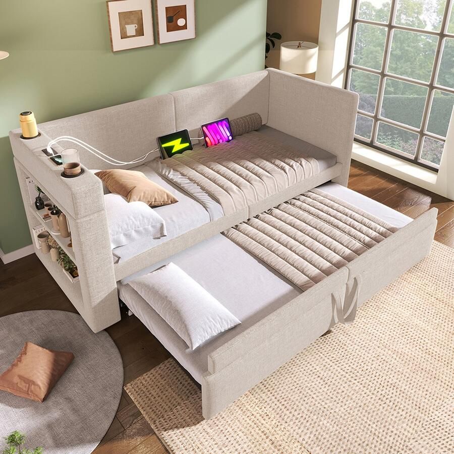 Pugsdrly Gepolsterte Liege 90 x 200 cm eenpersoonsslaapbank met uitschuifbaar bed armleuningen met USB- en Type-C-oplaadpoorten en bekerhouders gemengd linnen beige zonder matras