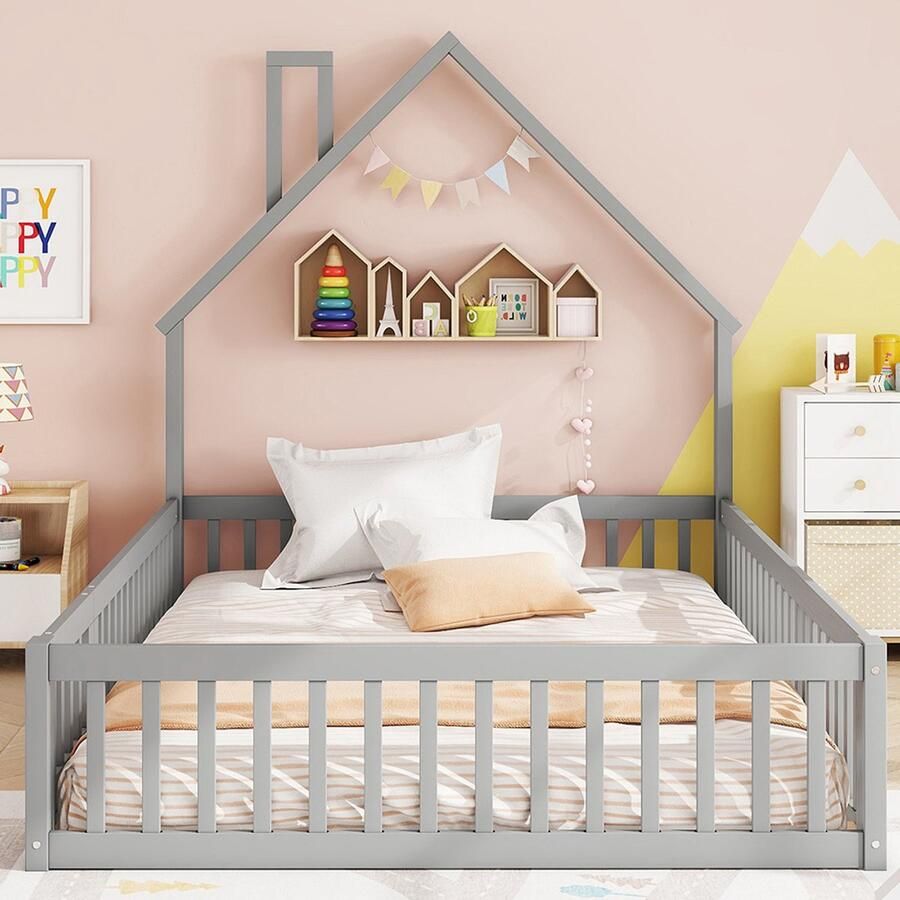 Pugsdrly Gestoffeerd bed 140 x 190 cm kinderbed in de vorm van een open haard bed met lattenbodem (zonder matras) grenenhout minimalistische stijl grijs