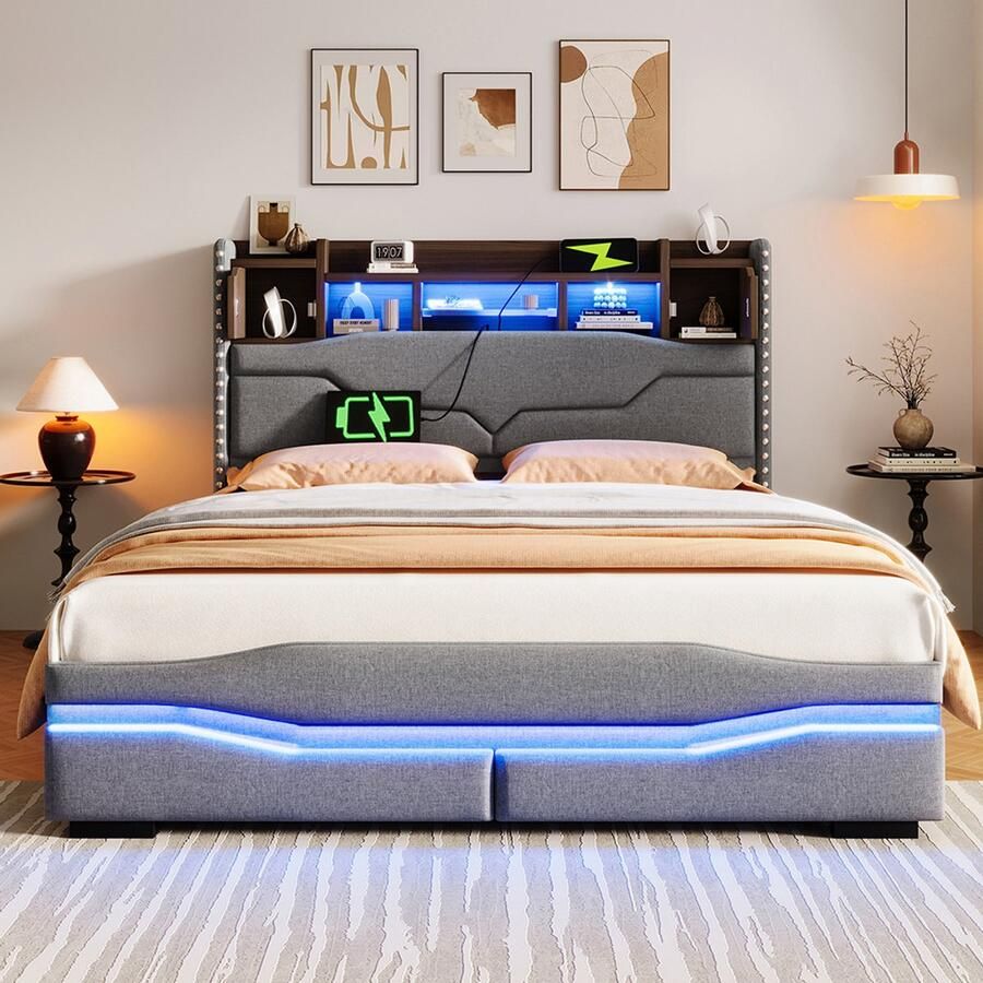 Pugsdrly gestoffeerd bed 140 x 200 cm met USB-aansluiting sfeerverlichtingsstrip met afstandsbediening onder het bed hoofdeinde met opbergvak hydraulische opbergruimte LED-verlichting zonder matras grijs