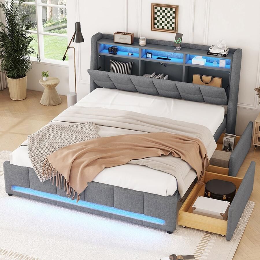 Pugsdrly gestoffeerd bed 140 x 200 cm zonder matras APP-afstandsbediening LED-verlichting bed met lades met stopcontacten en USB ingebouwd opbergvak linnen grijs
