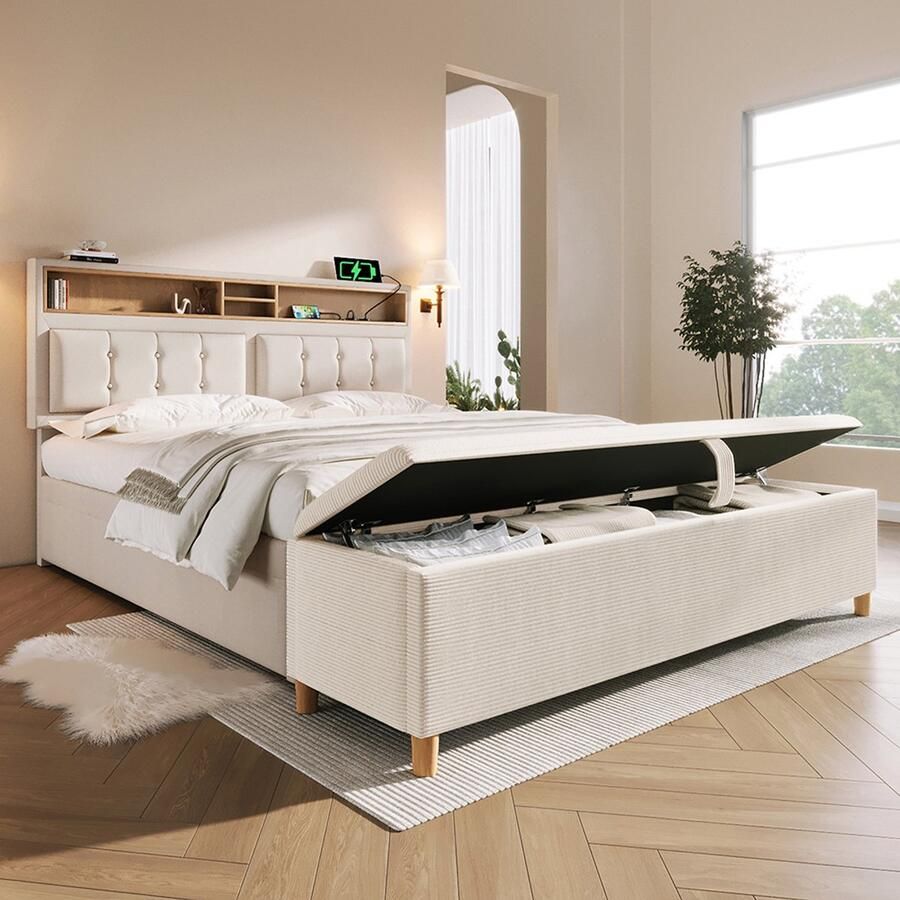 Pugsdrly Gestoffeerd bed 140 x 200 met bank en USB-oplaadstation opbergruimte en comfort in linnenlook (inclusief lattenbodem zonder matras)