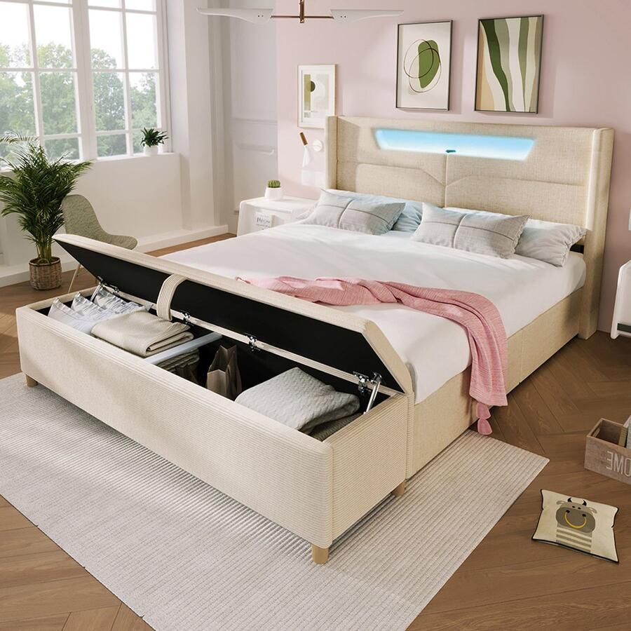 Pugsdrly Gestoffeerd bed 140 x 200 met LED en USB-C in beige linnen + slaapbank 145 x 38 met hydraulische opbergruimte in corduroy-look inclusief lattenbodem (zonder matras)