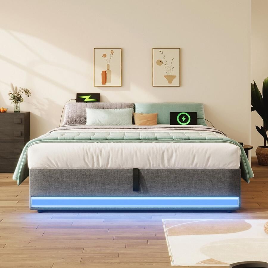 Pugsdrly Gestoffeerd bed 140*200 cm LED-strip met afstandsbediening met USB en Type-C met kleine opbergvakken zonder hoofdeinde hydraulische opbergfunctie zonder matras grijs