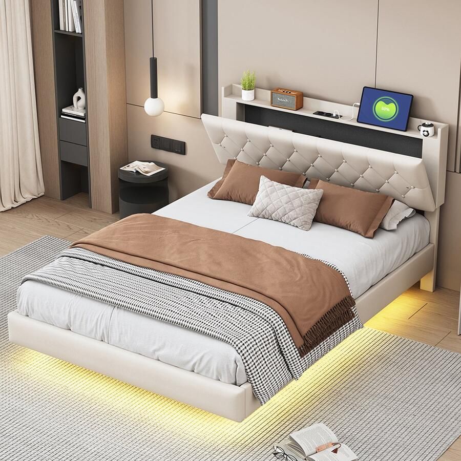 Pugsdrly Gestoffeerd bed 140*200 cm met USB-oplaadaansluiting en LED-kleurwissellichtstrip tweepersoonsbed in huidvriendelijk linnen met lattenbodem Beige