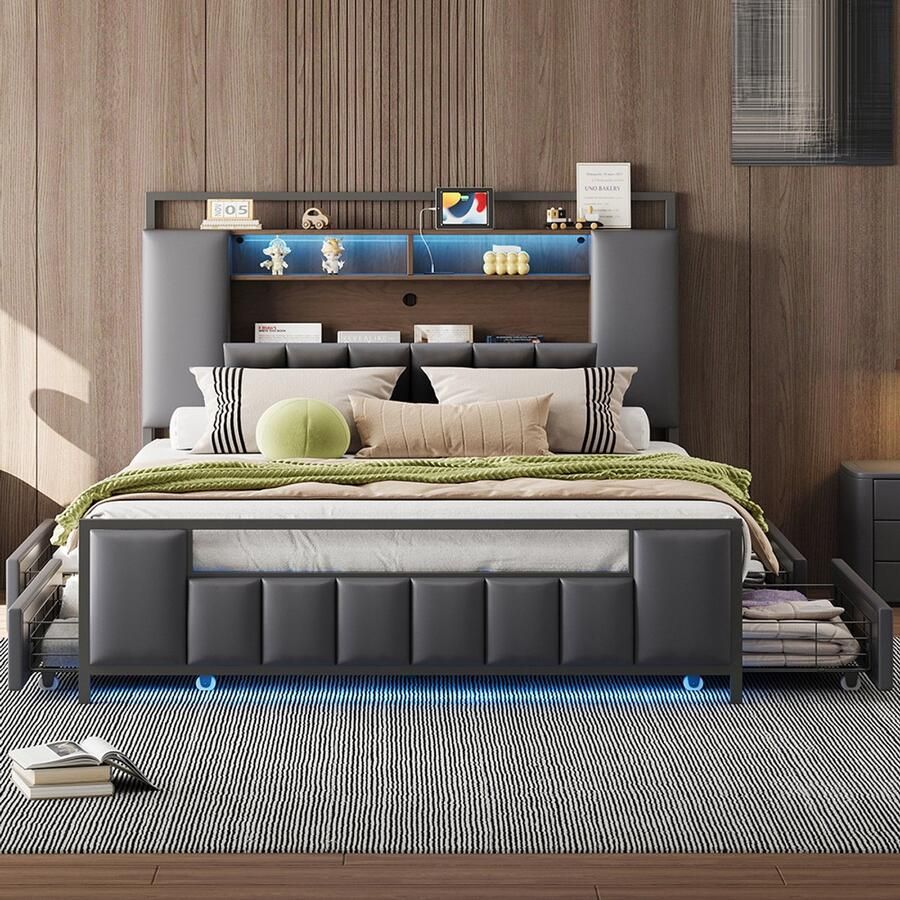 Pugsdrly Gestoffeerd bed 140*200 cm multifunctioneel bed met led-verlichting met USB-aansluiting met lades bedframe van massief ijzer jeugdbed bed voor volwassenen tweepersoonsbed kunstleer grijs