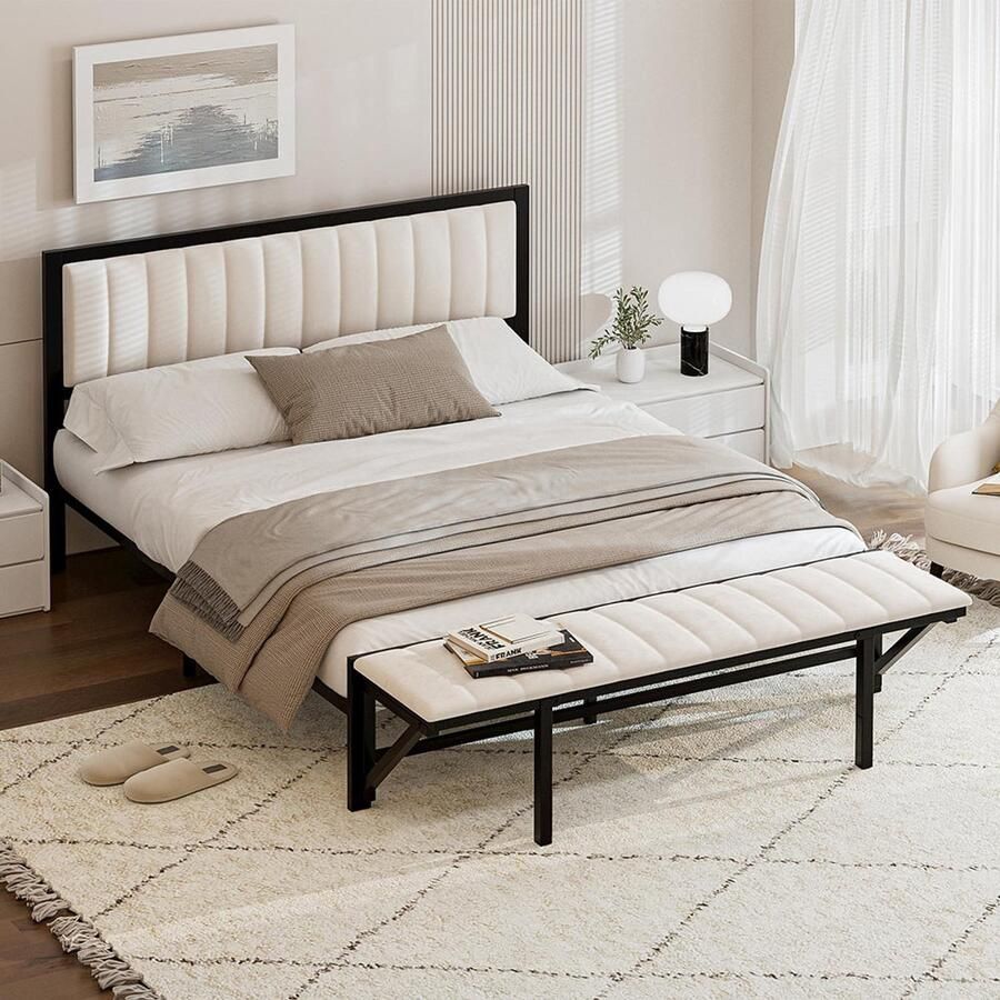Pugsdrly Gestoffeerd bed 140x200cm met opklapbare bank multifunctioneel bed met opbergruimte en organisatie ijzeren bedframe bed voor tieners bed voor volwassenen tweepersoonsbed fluweel beige