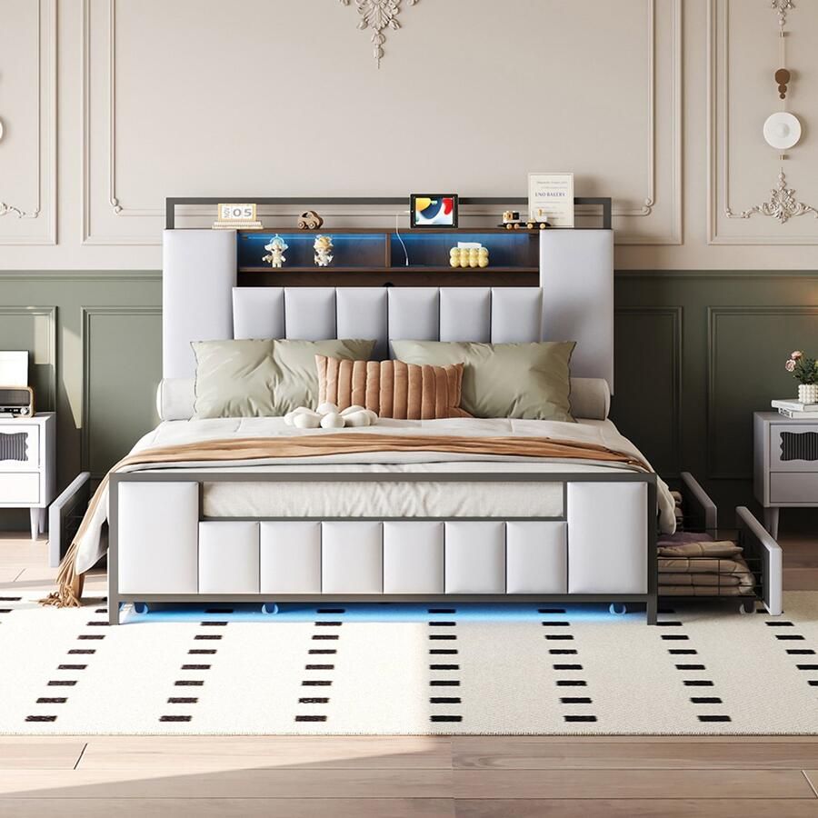 Pugsdrly Gestoffeerd bed 160*200 cm multifunctioneel bed met led-verlichting met USB-aansluiting met lades bedframe van massief ijzer jeugdbed bed voor volwassenen tweepersoonsbed kunstleer wit