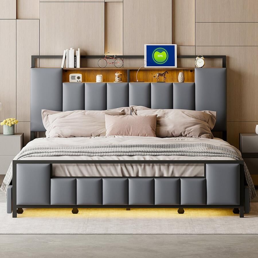 Pugsdrly Gestoffeerd bed 160*200 cm multifunctioneel bed met led-verlichting met USB-aansluiting met lades bedframe van massief ijzer jeugdbed bed voor volwassenen tweepersoonsbed kunstleer grijs