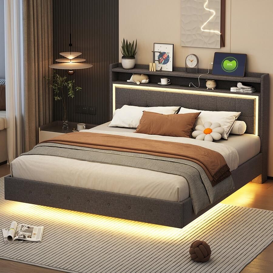 Pugsdrly Gestoffeerd bed 160*200 met USB-aansluiting en LED-verlichting bed kan aan het hoofdeinde worden geplaatst verborgen voeteneinde tweepersoonsbed linnenstof grijs